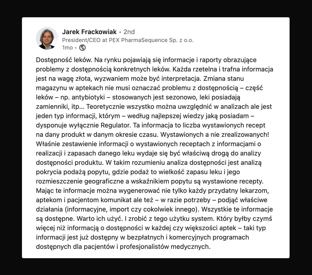 Jarek Frąckowiak, screen postu na temat realizacji recept
